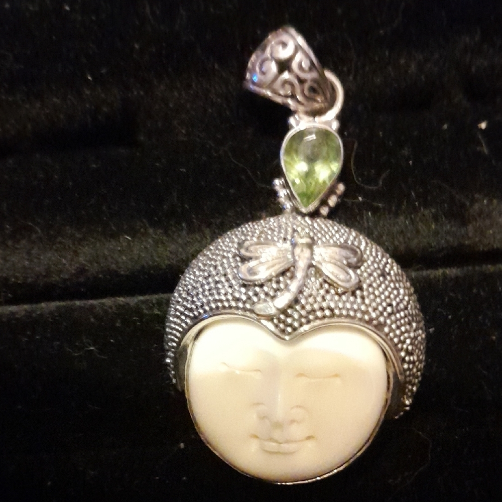 Silver and Cream Pendant with Green Accent
